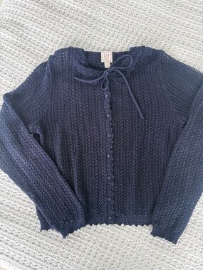 GAP Navy Open-Knit Tie-Neck Cardigan